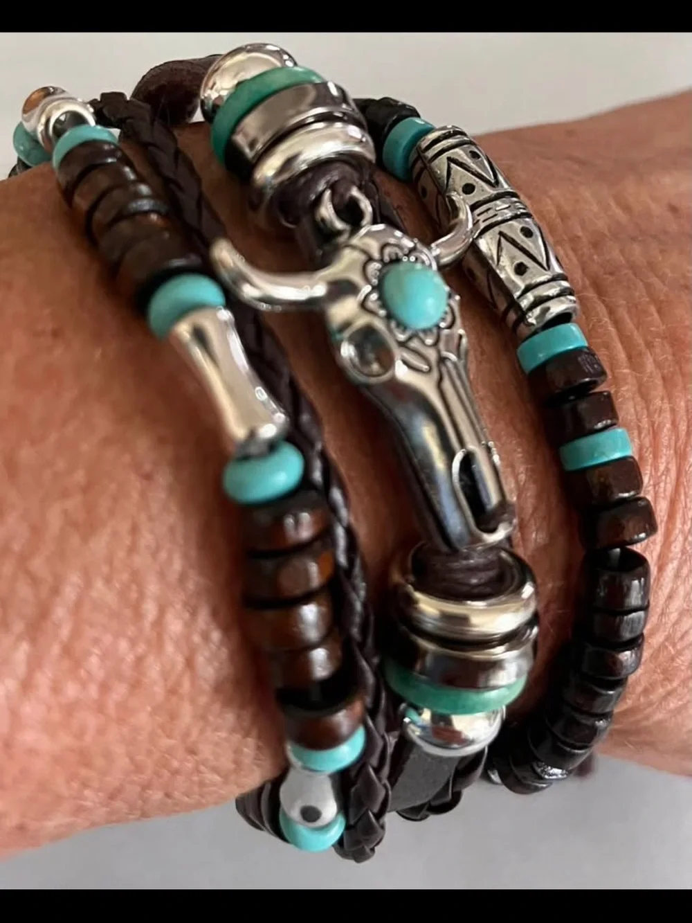Turquoise and Brown Multi-Strand Men's Leather Bracelet